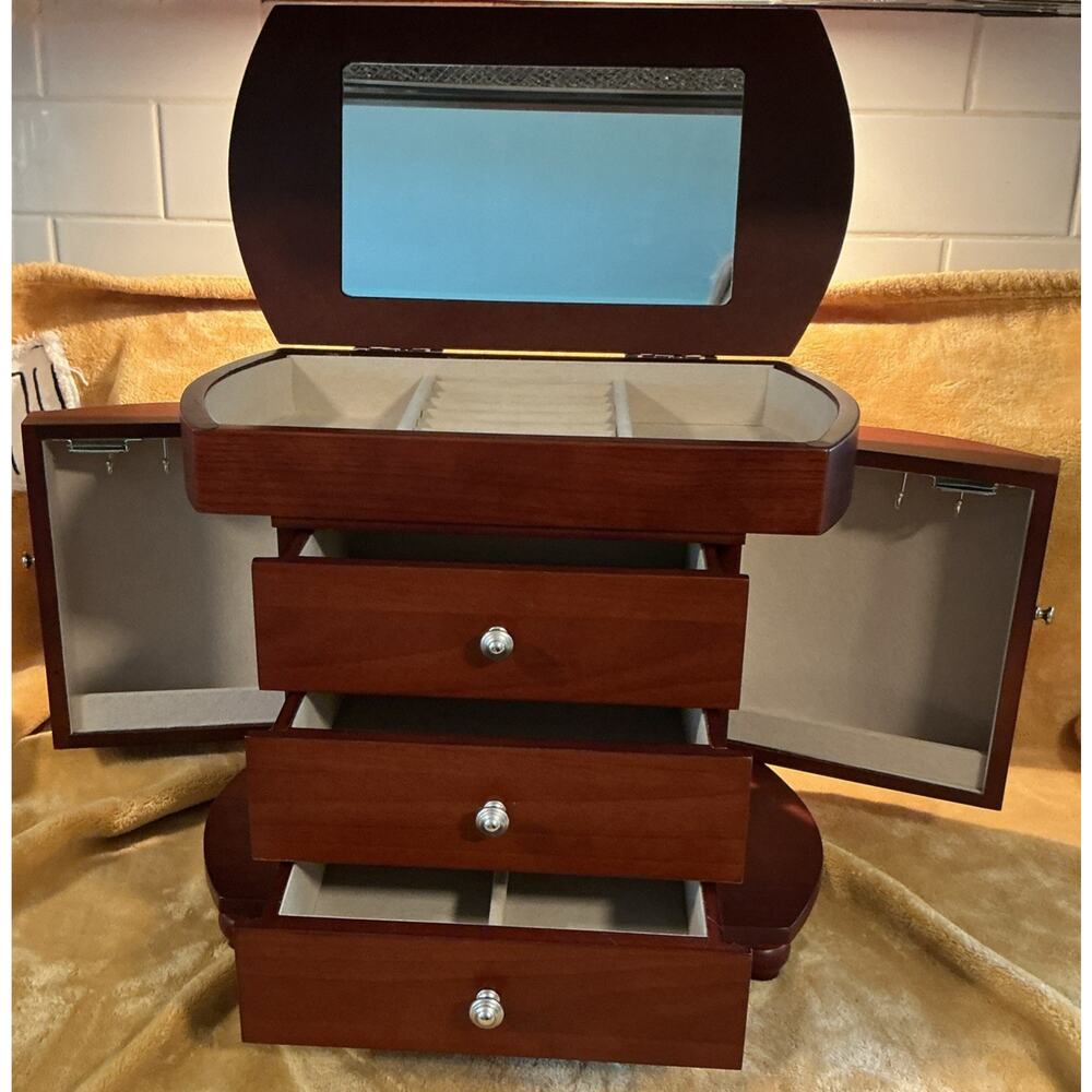 ALPS INTERNATIONAL CORP. 3 Drawer 2 Side Hinged Top Walnut Wood Jewelry Box